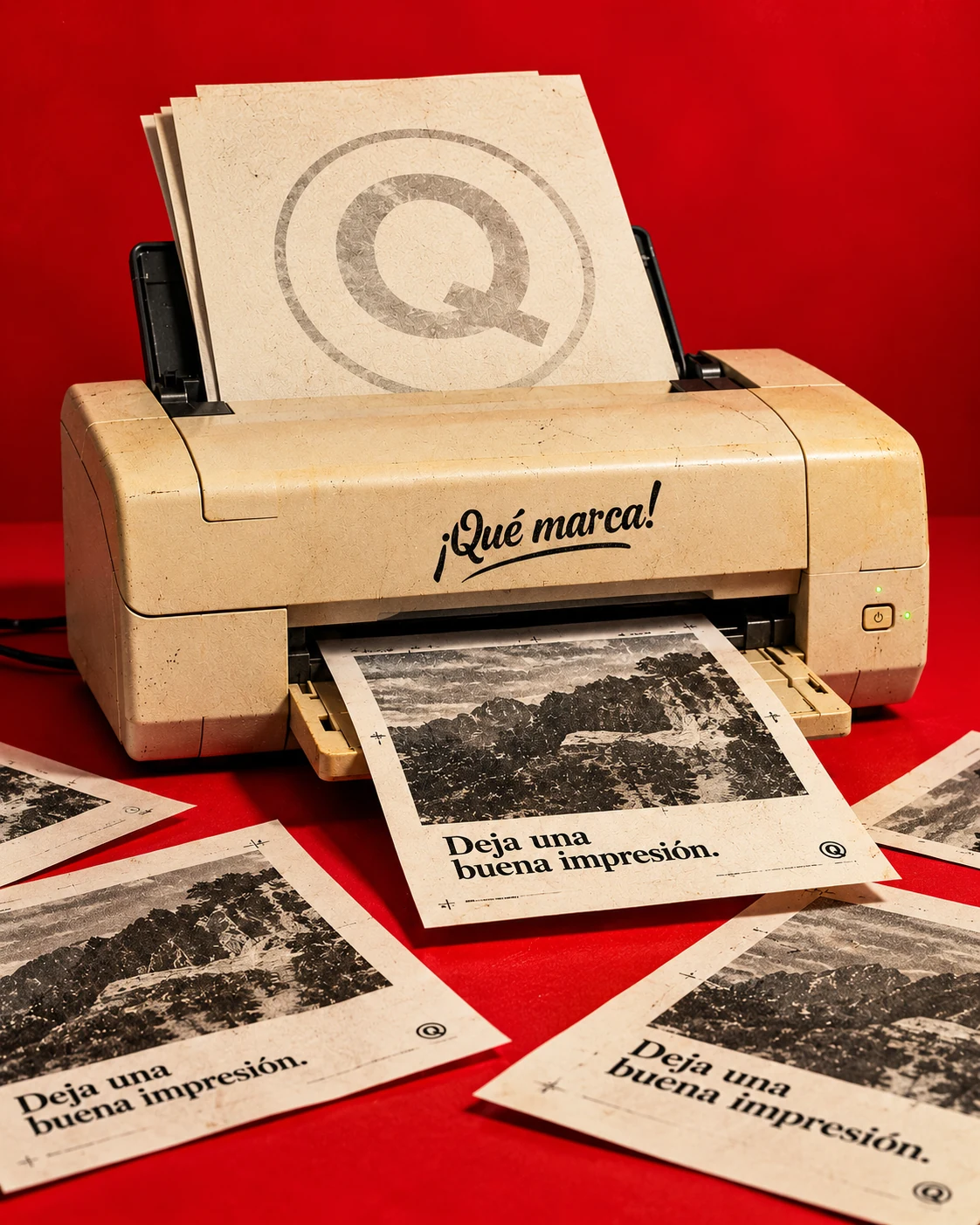 Una impresora deja hojas impresas sobre una mesa roja