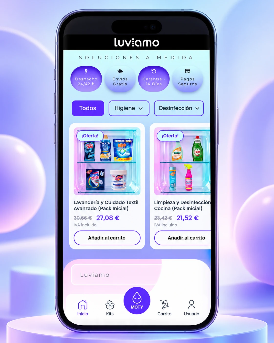 Interfaz móvil del producto Luviamo